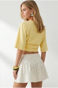 Olalook Women's Yellow Crew Neck Bat Drape Detailed Crop Blouse - Image 5