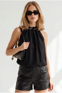 Olalook Women's Black Blouse with Bead Detail on the Collar, Textured Elastic Waist