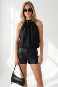 Olalook Women's Black Blouse with Bead Detail on the Collar, Textured Elastic Waist - Image 2