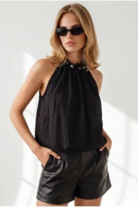 Olalook Women's Black Blouse with Bead Detail on the Collar, Textured Elastic Waist - Image 3