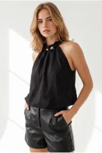Olalook Women's Black Blouse with Bead Detail on the Collar, Textured Elastic Waist - Image 4