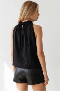 Olalook Women's Black Blouse with Bead Detail on the Collar, Textured Elastic Waist - Image 5