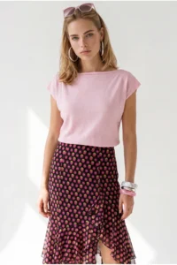 Olalook Women's Pink Boat Neck Waist Banded Seasonal Cotton Content Blouse - Image 4