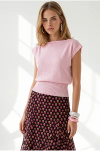 Olalook Women's Pink Boat Neck Waist Banded Seasonal Cotton Content Blouse - Image 5