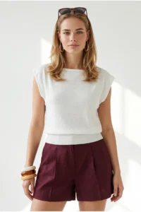 Olalook Women's White Boat Neck Waist Banded Seasonal Cotton Content Blouse - Image 4