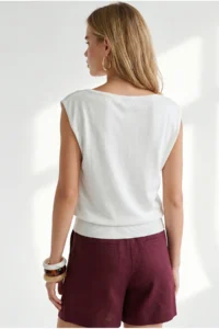 Olalook Women's White Boat Neck Waist Banded Seasonal Cotton Content Blouse - Image 5