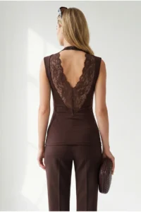 Olalook Women's Bitter Brown Sleeveless Backless Lace Detailed Blouse - Image 6