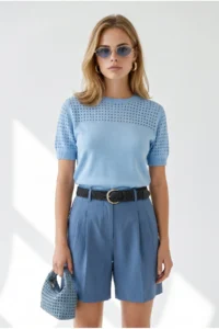 Olalook Women's Baby Blue Openwork Detailed Seasonal Knitwear Blouse - Image 2