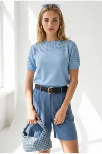 Olalook Women's Baby Blue Openwork Detailed Seasonal Knitwear Blouse - Image 3