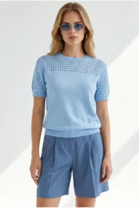 Olalook Women's Baby Blue Openwork Detailed Seasonal Knitwear Blouse - Image 4