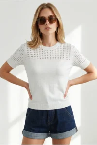 Olalook Women's White Openwork Detailed Seasonal Knitwear Blouse - Image 3