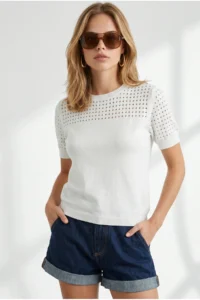 Olalook Women's White Openwork Detailed Seasonal Knitwear Blouse - Image 4