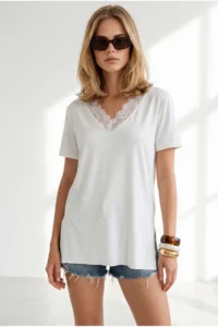 Olalook Women's Ecru Collar Lace Side Slit Flowy Blouse - Image 2