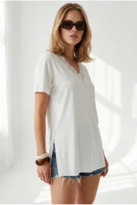 Olalook Women's Ecru Collar Lace Side Slit Flowy Blouse - Image 5