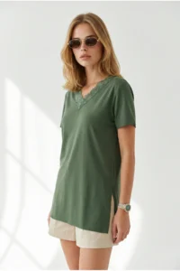 Olalook Women's Khaki Collar Lace Side Slit Flowy Blouse