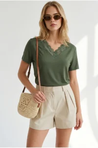 Olalook Women's Khaki Collar Lace Side Slit Flowy Blouse - Image 2