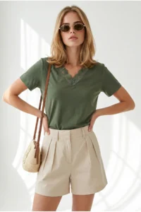 Olalook Women's Khaki Collar Lace Side Slit Flowy Blouse - Image 3