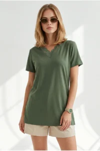 Olalook Women's Khaki Collar Lace Side Slit Flowy Blouse - Image 4