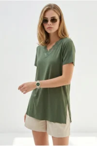 Olalook Women's Khaki Collar Lace Side Slit Flowy Blouse - Image 5