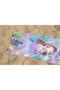 Erays Home Mermaid Mermaid Patterned Digital Printed New Girl's Beach Towel Cotton Beach Towel Sea Towel - Image 4