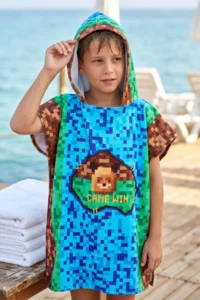 HAMUR Boy 7-10 Years Hooded Beach Towel Poncho Towel Young Sea Pool Towel Pixel - Image 3