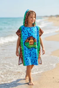 HAMUR Boy 7-10 Years Hooded Beach Towel Poncho Towel Young Sea Pool Towel Pixel - Image 4