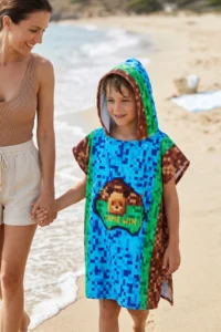 HAMUR Boy 7-10 Years Hooded Beach Towel Poncho Towel Young Sea Pool Towel Pixel - Image 5