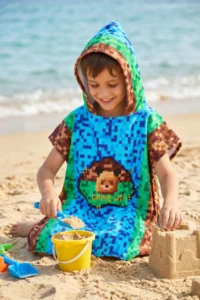 HAMUR Boy 7-10 Years Hooded Beach Towel Poncho Towel Young Sea Pool Towel Pixel - Image 6