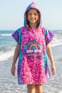 HAMUR Girl Child 7-10 Years Hooded Beach Towel Poncho Towel Young Sea Pool Towel Pixel