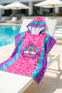 HAMUR Girl Child 7-10 Years Hooded Beach Towel Poncho Towel Young Sea Pool Towel Pixel - Image 2