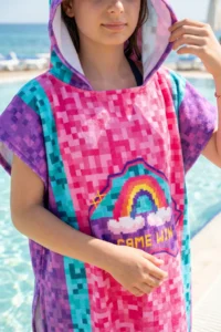HAMUR Girl Child 7-10 Years Hooded Beach Towel Poncho Towel Young Sea Pool Towel Pixel - Image 3