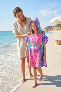 HAMUR Girl Child 7-10 Years Hooded Beach Towel Poncho Towel Young Sea Pool Towel Pixel - Image 5