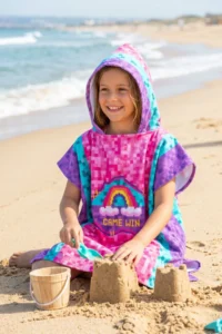 HAMUR Girl Child 7-10 Years Hooded Beach Towel Poncho Towel Young Sea Pool Towel Pixel - Image 6