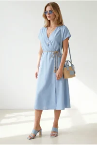 Olalook Women's Blue Straw Lace-Up Bat Waist Elastic Dress