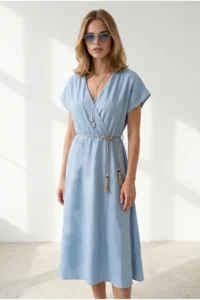 Olalook Women's Blue Straw Lace-Up Bat Waist Elastic Dress - Image 2