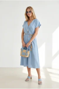 Olalook Women's Blue Straw Lace-Up Bat Waist Elastic Dress - Image 3