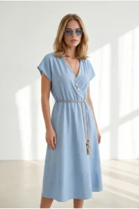 Olalook Women's Blue Straw Lace-Up Bat Waist Elastic Dress - Image 4