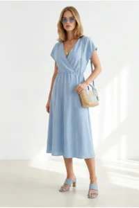 Olalook Women's Blue Straw Lace-Up Bat Waist Elastic Dress - Image 5