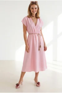 Olalook Women's Pink Straw Lace Up Bat Waist Elastic Dress