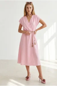 Olalook Women's Pink Straw Lace Up Bat Waist Elastic Dress - Image 2
