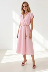 Olalook Women's Pink Straw Lace Up Bat Waist Elastic Dress - Image 3