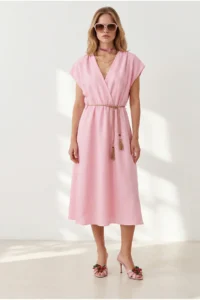 Olalook Women's Pink Straw Lace Up Bat Waist Elastic Dress - Image 4