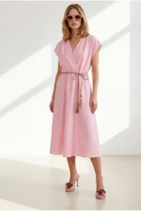 Olalook Women's Pink Straw Lace Up Bat Waist Elastic Dress - Image 5