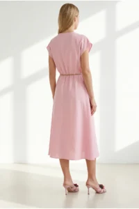 Olalook Women's Pink Straw Lace Up Bat Waist Elastic Dress - Image 6