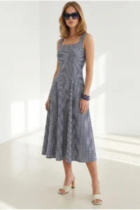 Olalook Women's Navy Blue Side Zipper Maxi Gingham Dress