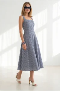Olalook Women's Navy Blue Side Zipper Maxi Gingham Dress - Image 2