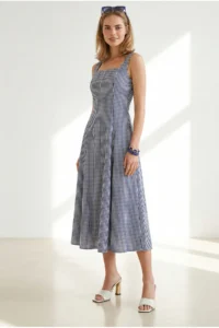 Olalook Women's Navy Blue Side Zipper Maxi Gingham Dress - Image 3