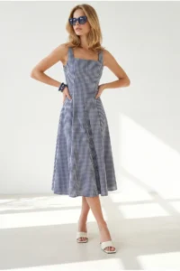 Olalook Women's Navy Blue Side Zipper Maxi Gingham Dress - Image 4