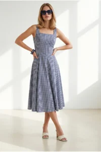Olalook Women's Navy Blue Side Zipper Maxi Gingham Dress - Image 5