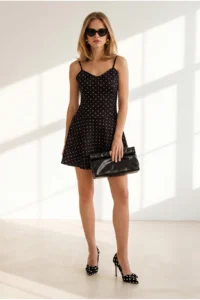 Olalook Women's Black Top Lined Strappy Mini Polka Dot Dress - Image 2